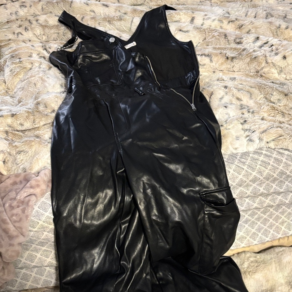 Anthropologie Black Faux Leather Jumpsuit